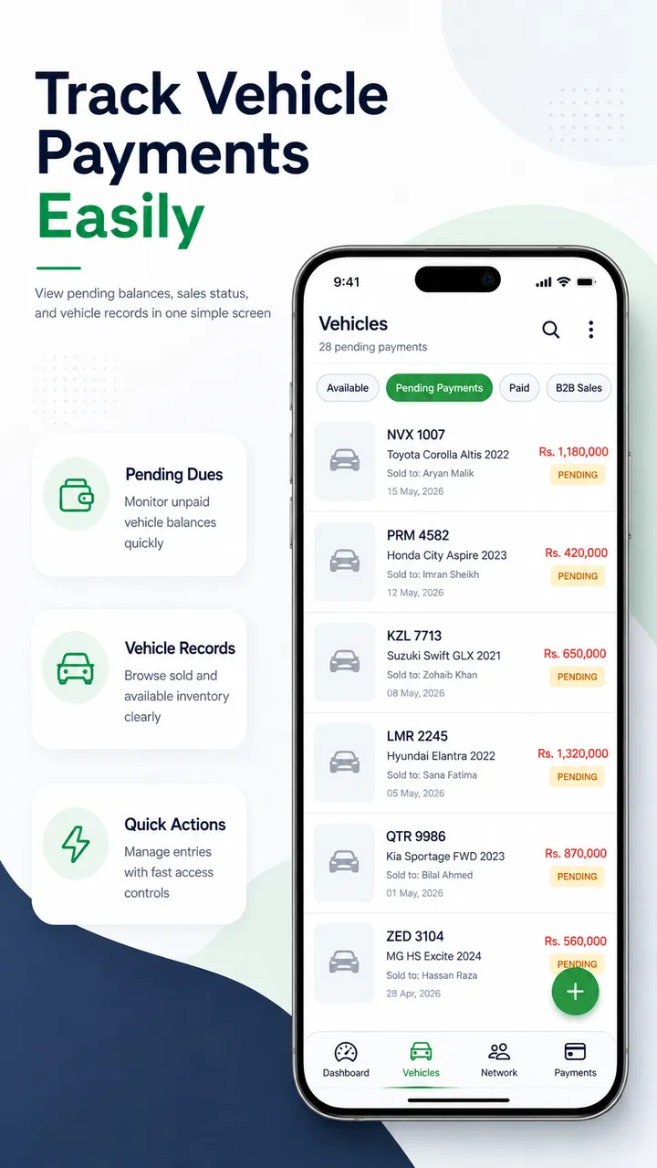 AutoHisaab vehicle list filtered to pending payments, each row showing the number plate, the buyer and the amount still owed.