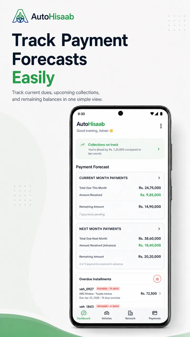 AutoHisaab payment forecast screen showing current month dues, amounts received and remaining balances, plus next month's expected collections.